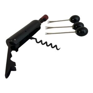 Vintage Wine Bottle Shaped Cork Screw Bottle Opener with 3 Glass Olive Picks